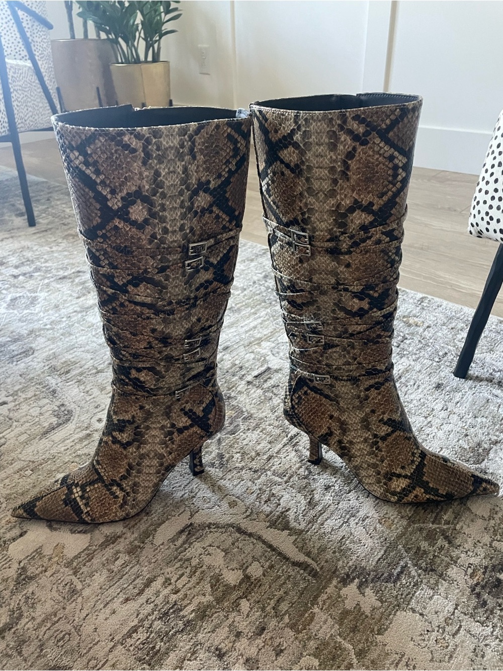 Zara Brown Snake-Print Knee-High Pointed Toe Heeled Boots